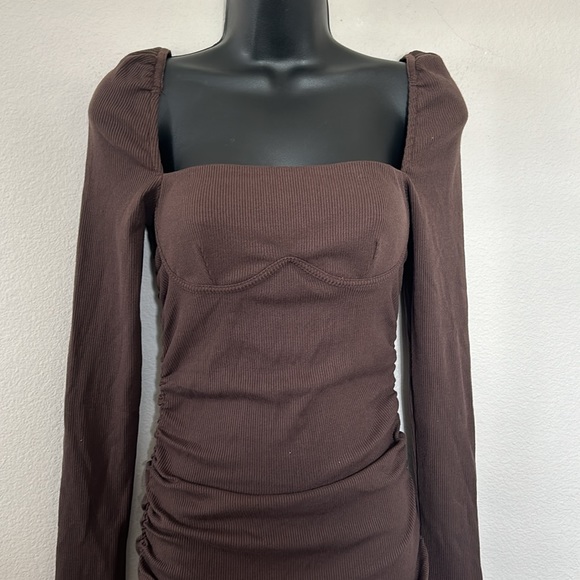 Princess Polly Portia Brown Long Sleeve Ribbed Ruched Mini Dress - Picture 4 of 12